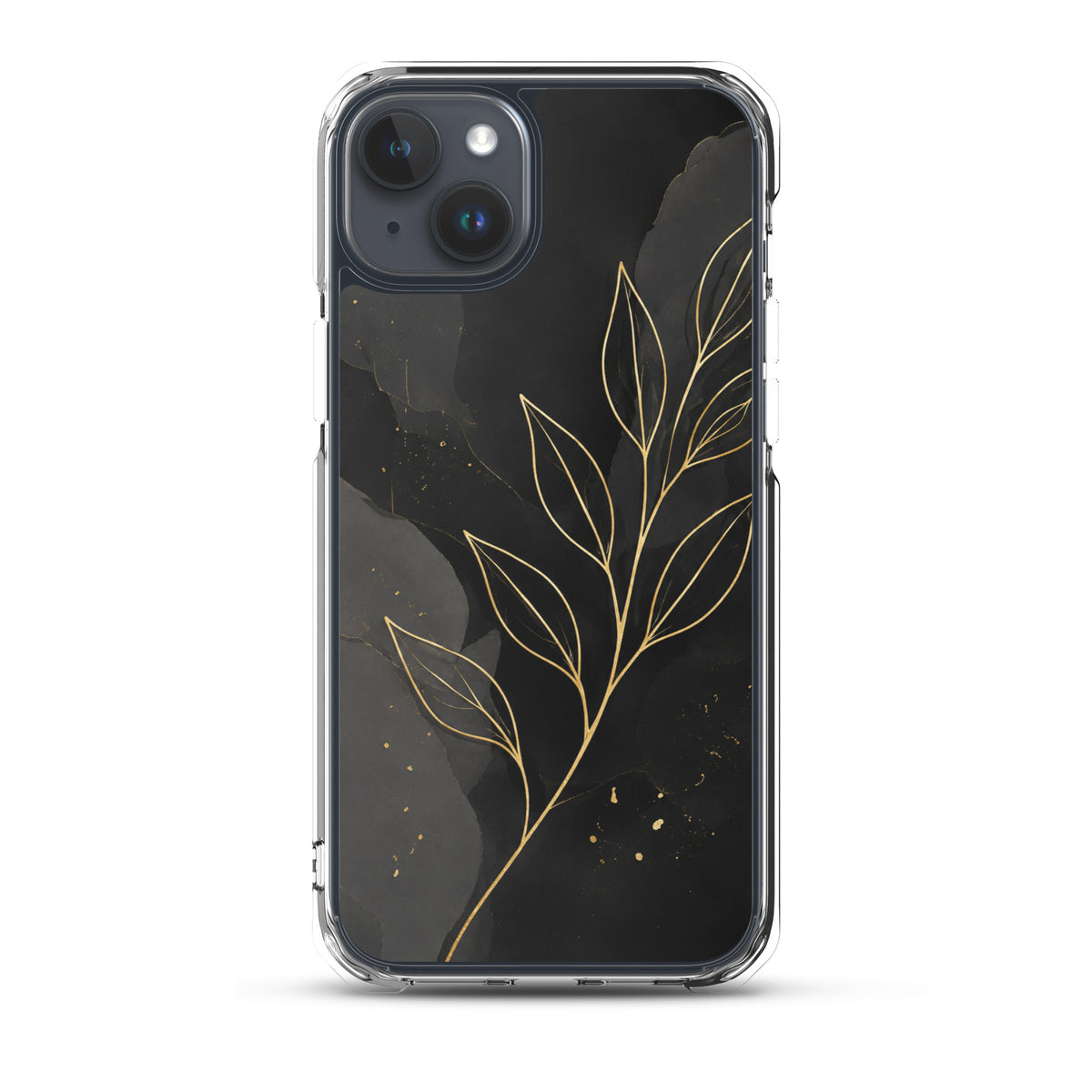 Coque MagSafe feuilles dorées noir et or pour iPhone 15 Plus